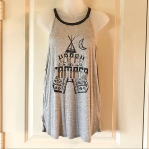 Happy Camper wide arm hole draped tank top gray black and gold